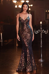 The metallic luminance is stone patterned with a v-neckline and criss-cross open low back.